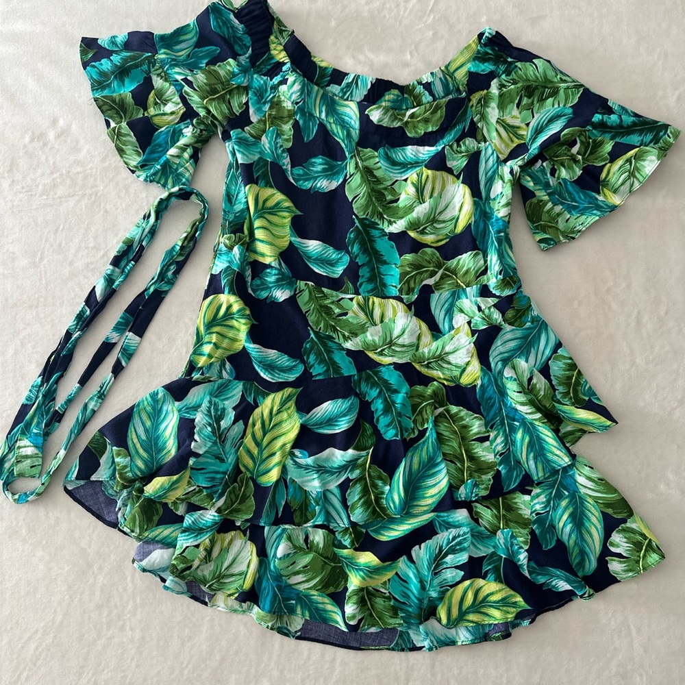 Summer mini dress Blue Green Leaf design